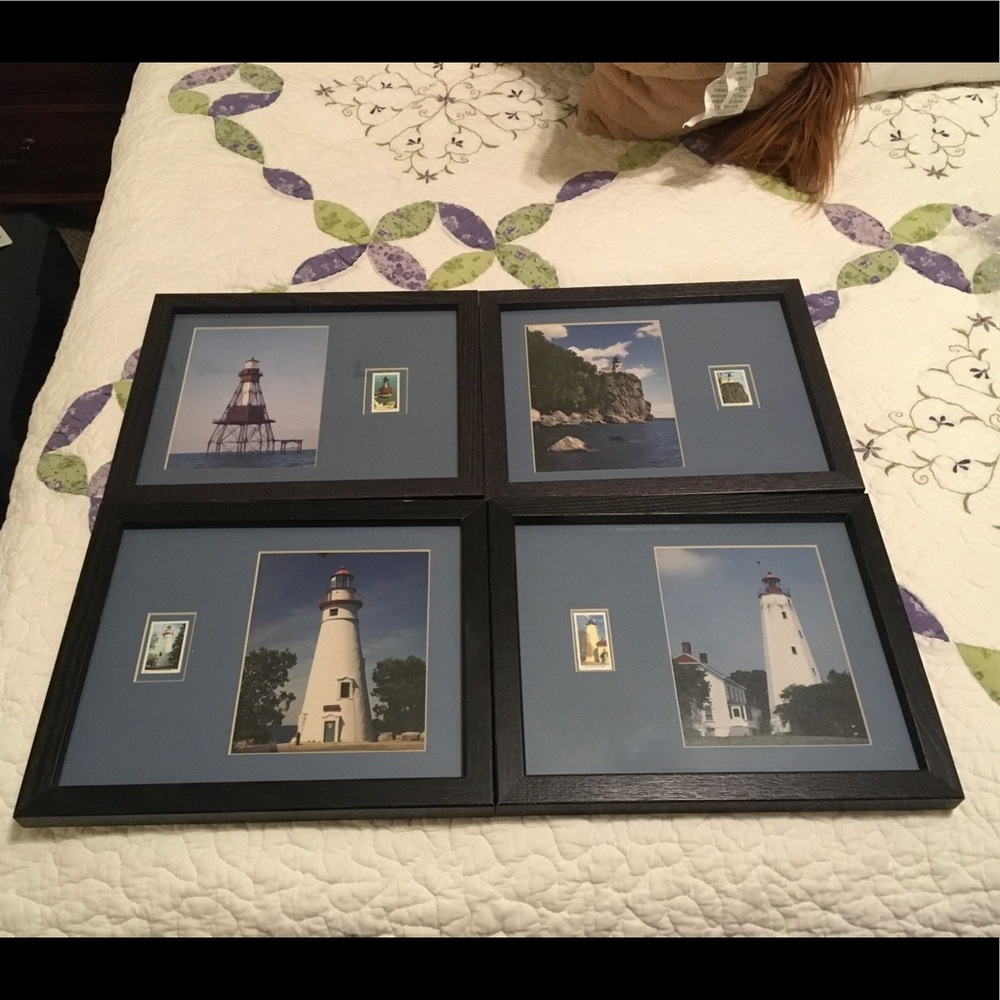 4 Lighthouse Framed photos w/USPS stamps